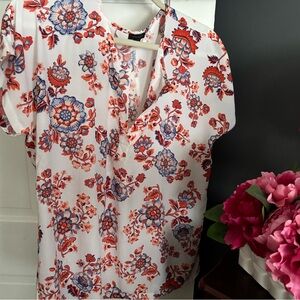 Ann Taylor Red and Blue Short Sleeve Blouse with Mandarin Collar